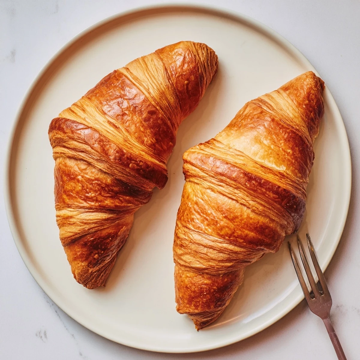 Freshly baked Easy Air Fryer Homemade Croissant Recipe with shiny egg wash and crescent shape