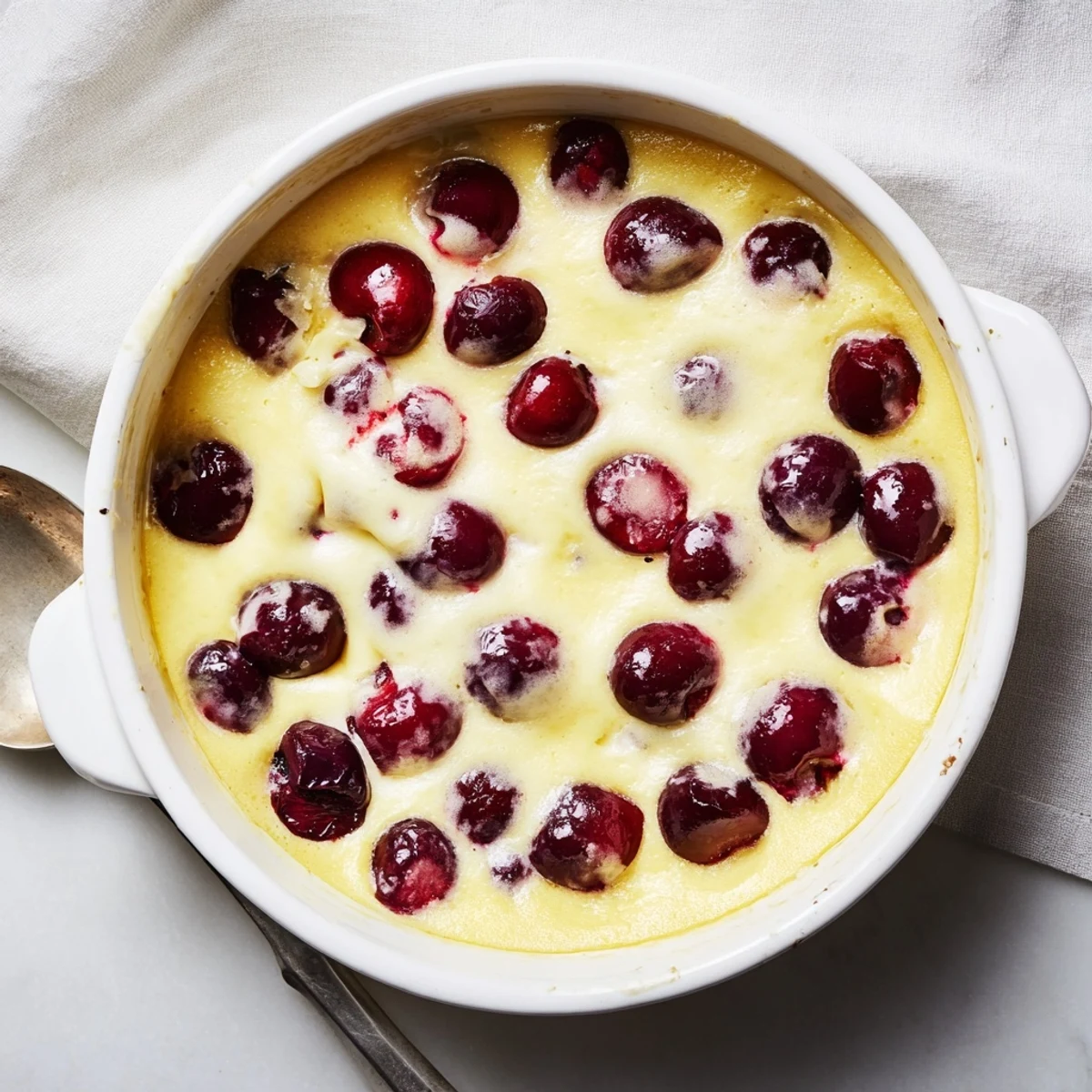Golden baked cherry custard with ruby red cherries scattered throughout a creamy vanilla custard base