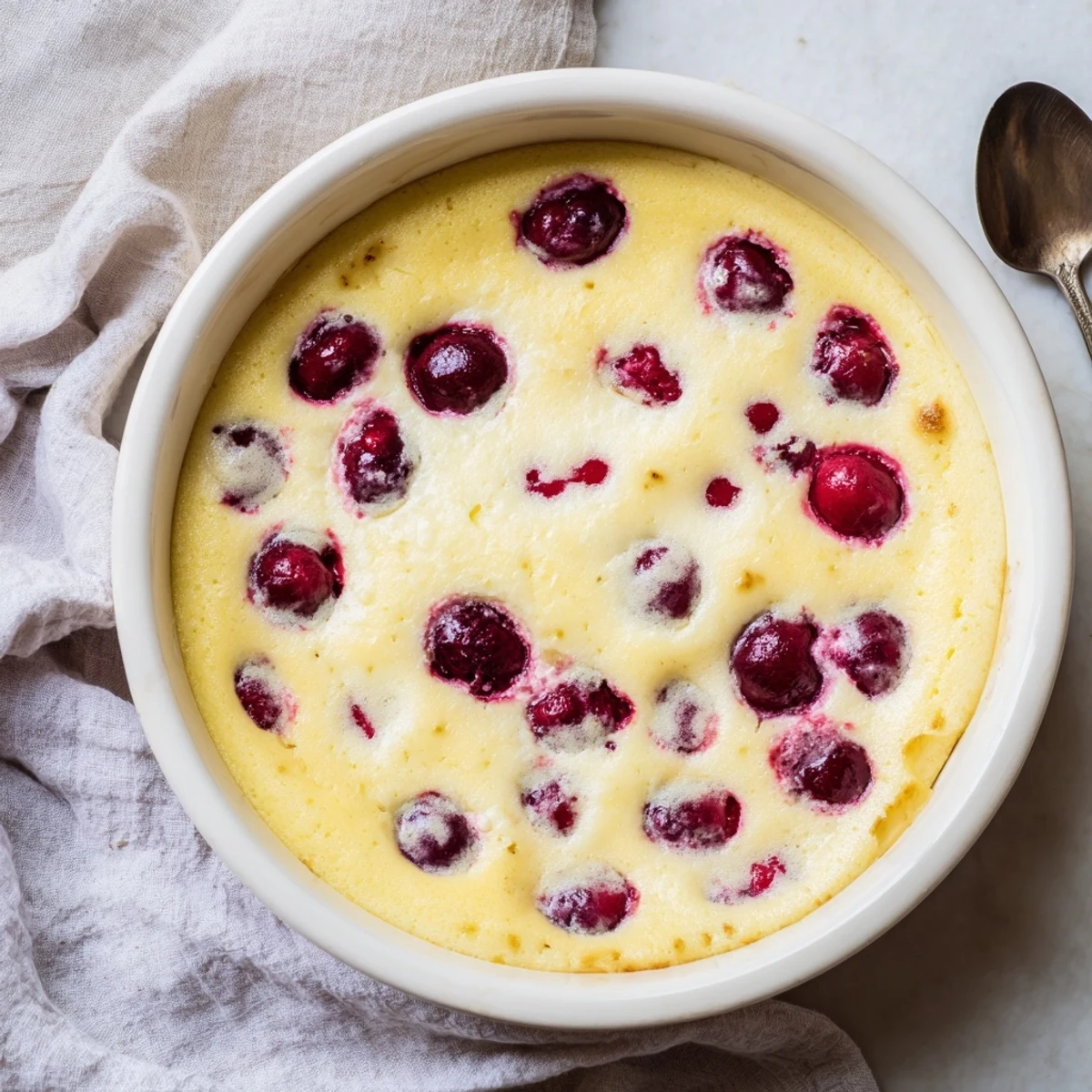 Creamy cherry custard dessert topped with fresh juicy cherries in a round white baking dish
