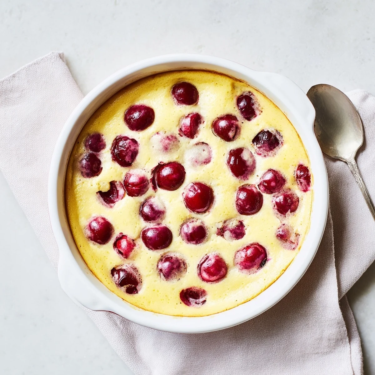 Homemade cherry custard with golden brown edges featuring tender baked cherries in a sweet egg custard