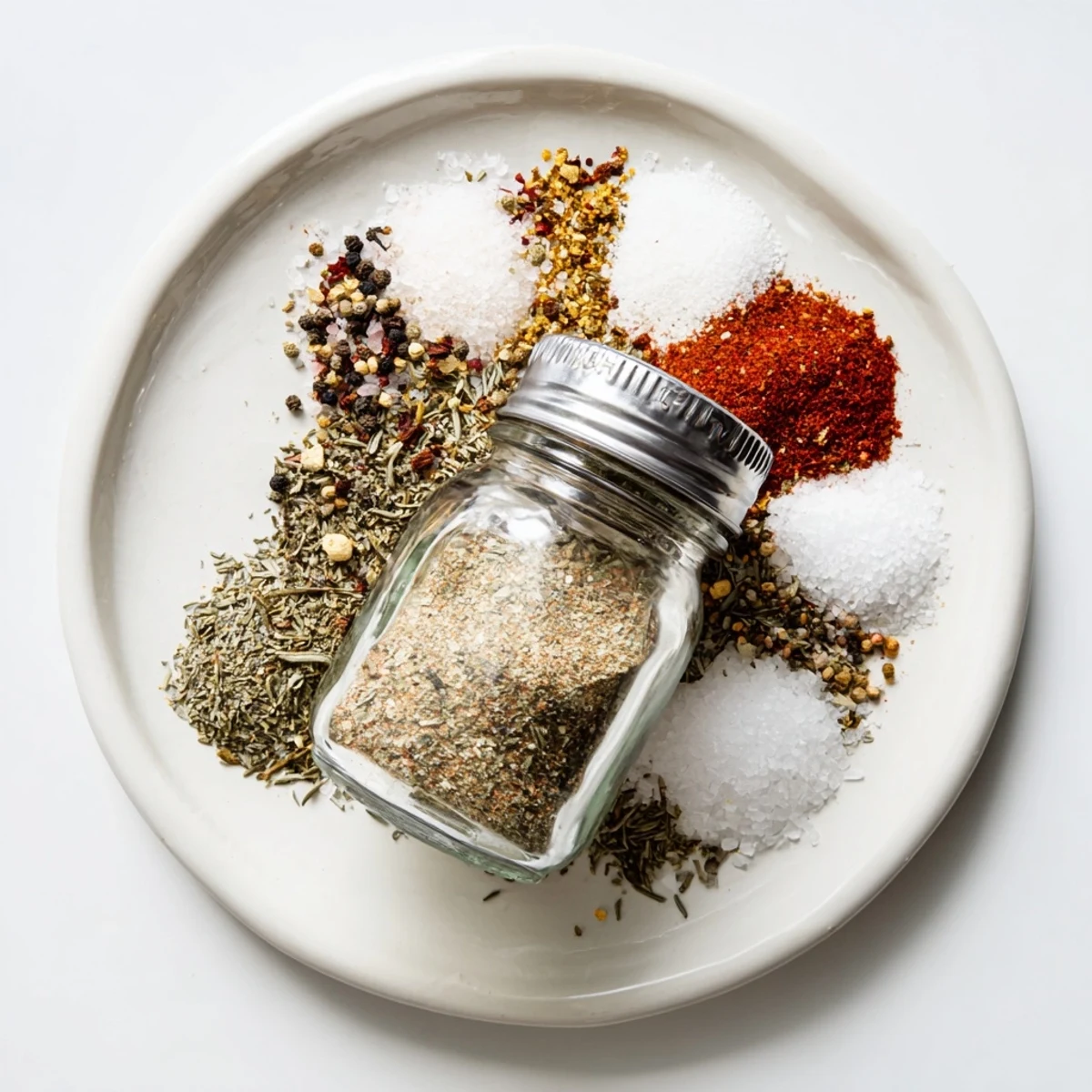 Homemade copycat Montreal steak seasoning blend displayed in a small glass bowl with visible spice textures and vibrant colors