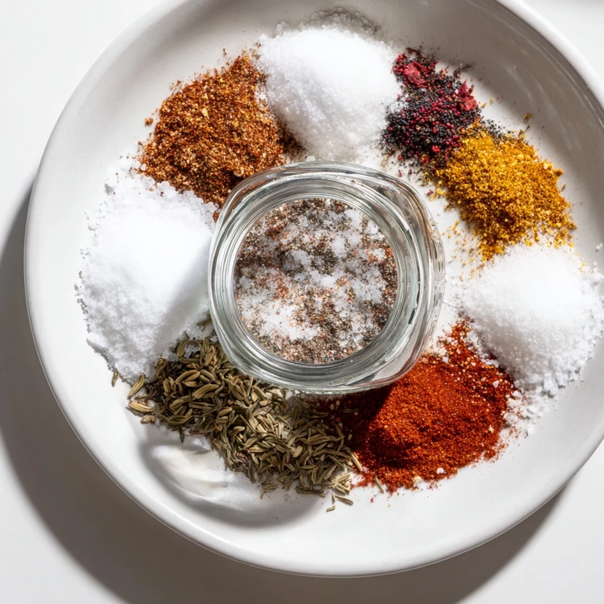 Aromatic copycat Montreal steak seasoning spooned onto a wooden board beside whole peppercorns and dried herbs for rustic presentation