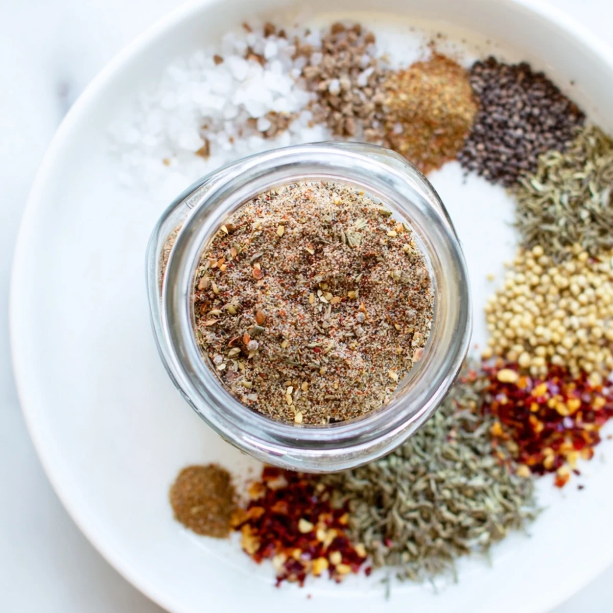Rich and savory copycat Montreal steak seasoning sprinkled generously over a perfectly grilled ribeye steak on a white plate
