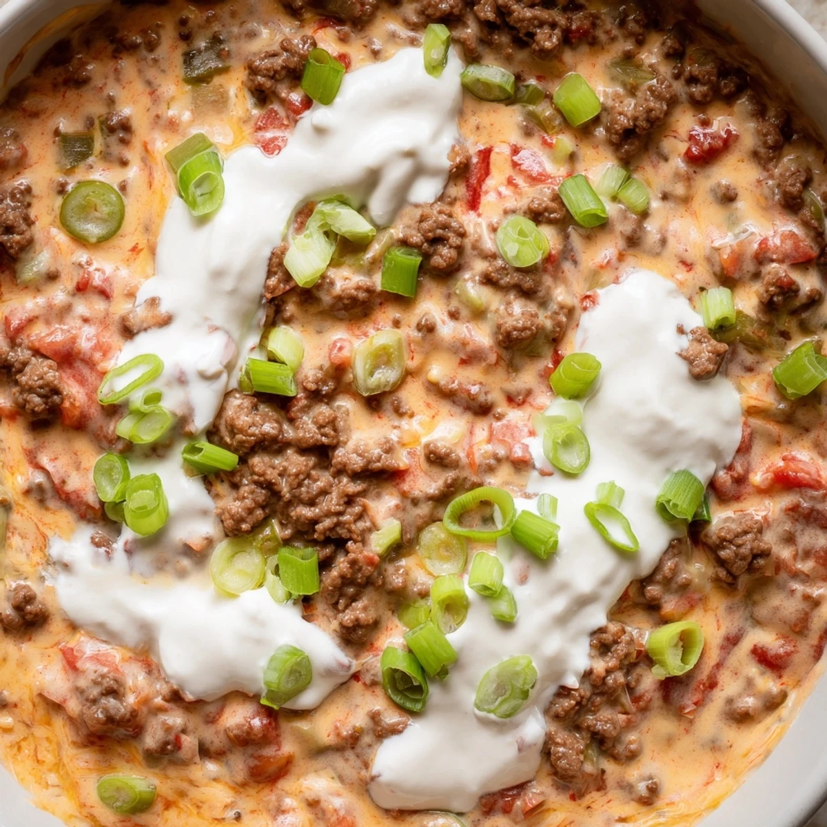 Creamy Rotel dip with melted cheese and seasoned ground beef served in a bowl