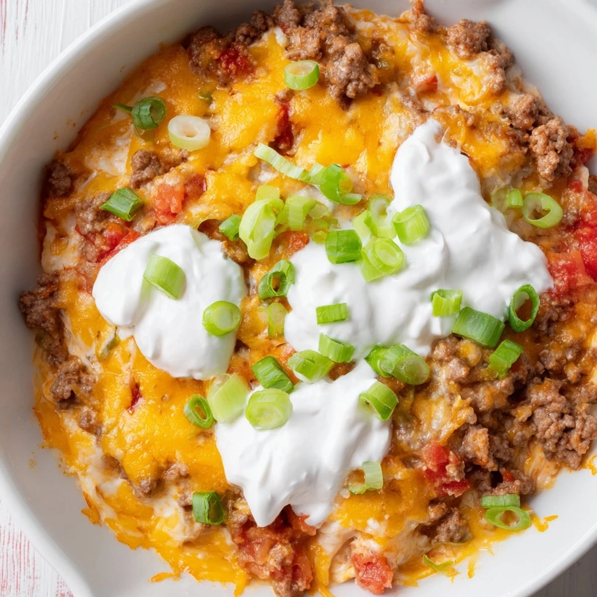 Steaming hot melty Rotel dip with Velveeta and beef garnished with fresh green onions
