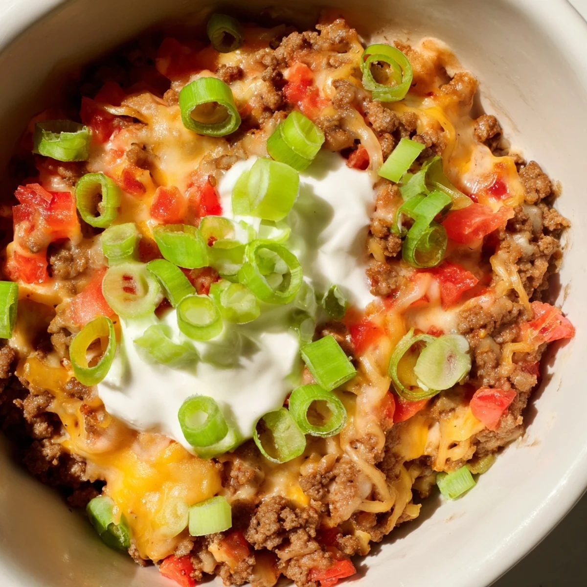 Golden brown ground beef bubbling in spicy Rotel cheese dip topped with sour cream