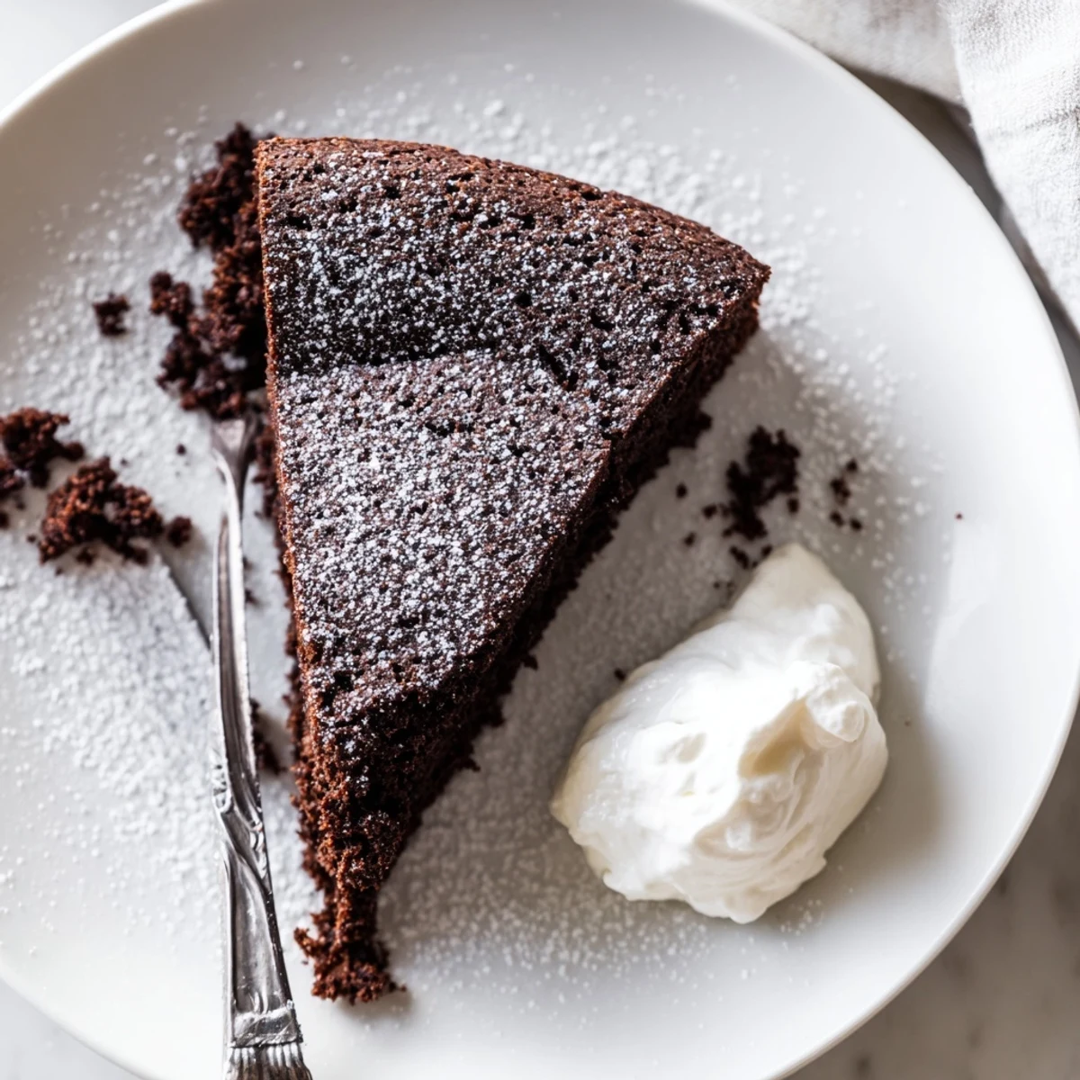 Moist Guinness chocolate cake dusted with powdered sugar on a white serving plate