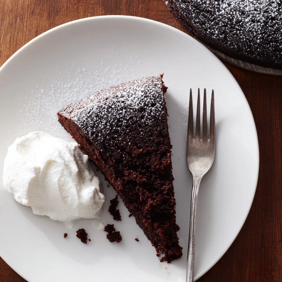 Rich air fryer chocolate stout cake topped with whipped cream and chocolate shavings