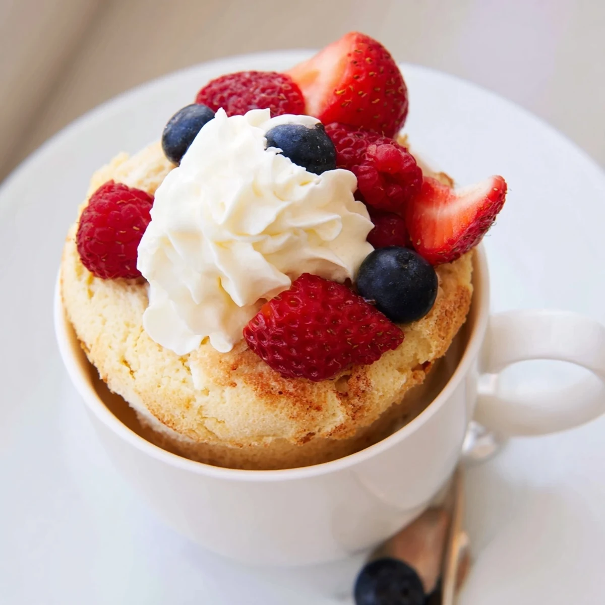 Golden angel food cake rising in a mug topped with whipped cream and fresh red strawberries