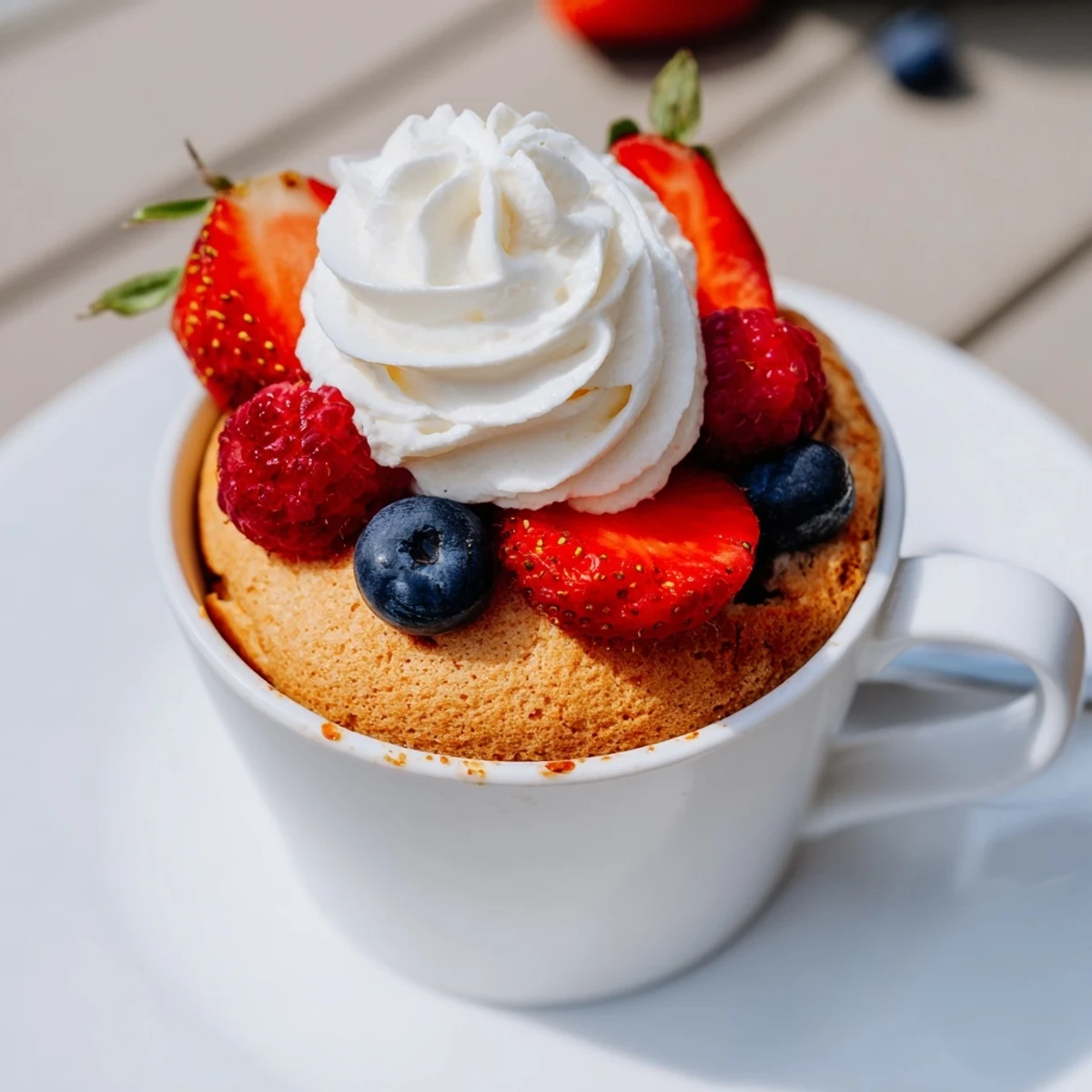 Fluffy white air fryer angel food mug cake dusted with powdered sugar and blueberries