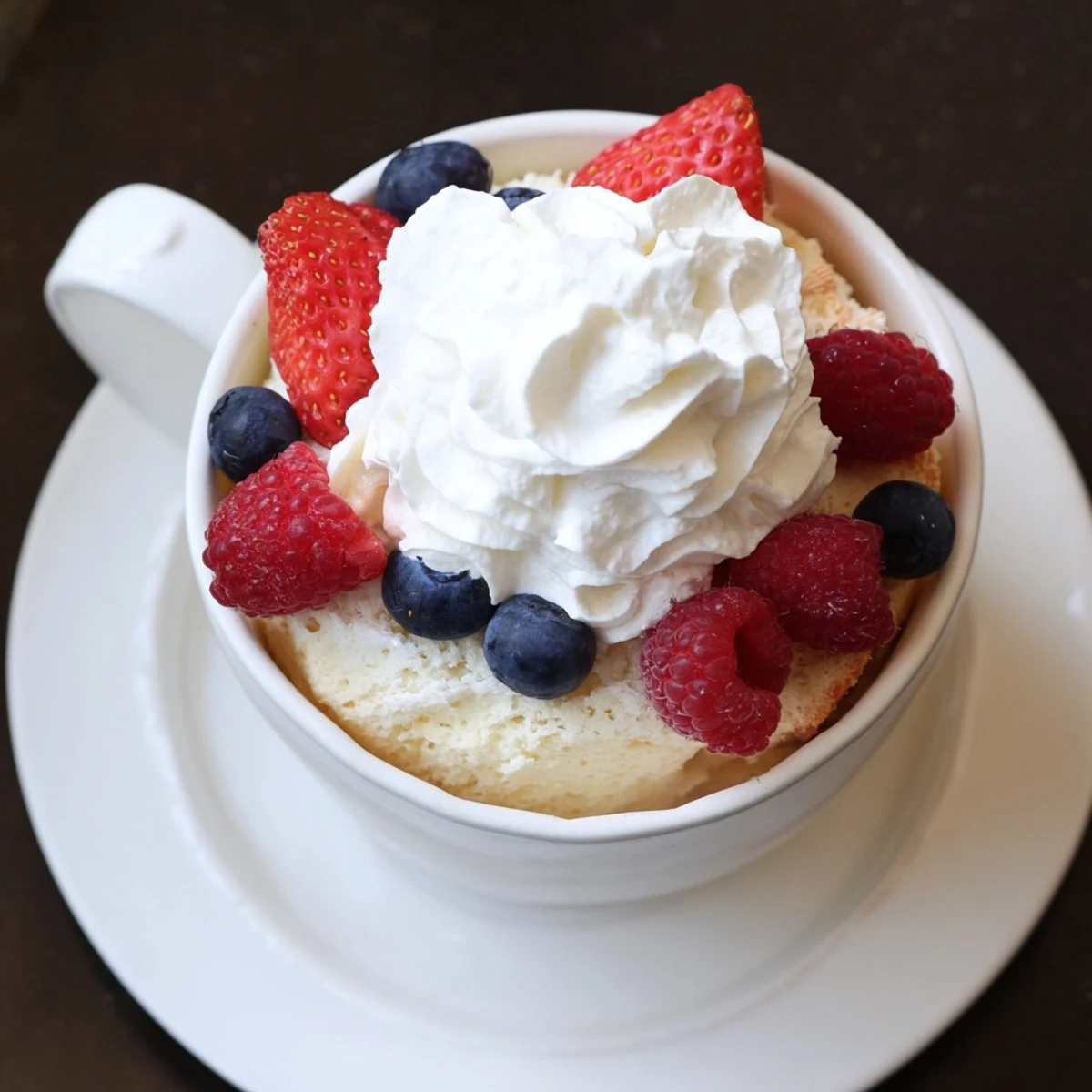Single serving angel food cake in a mug with berries and cream ready to enjoy