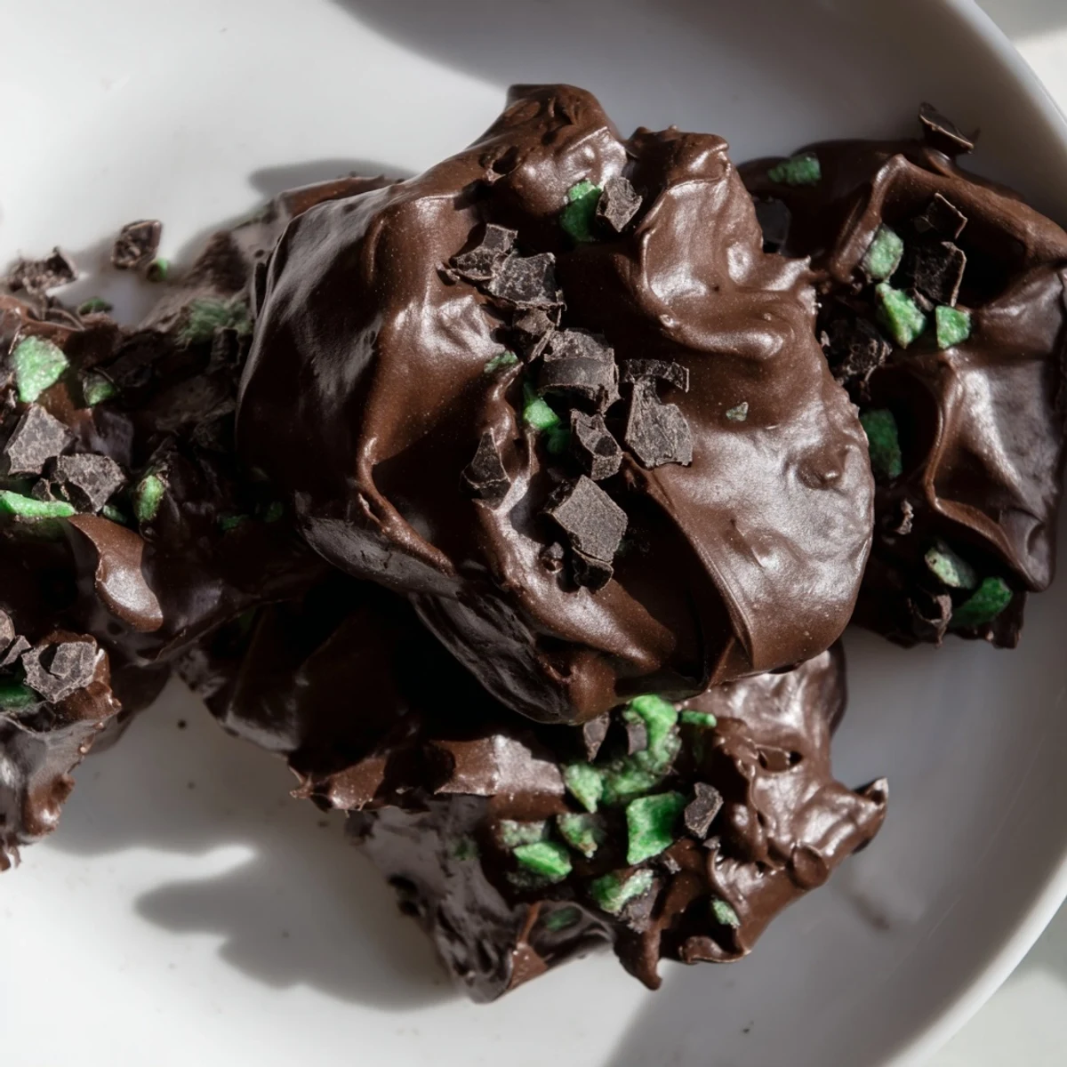 Fluffy dark chocolate and mint chip cloud meringue cookies arranged on a white baking sheet