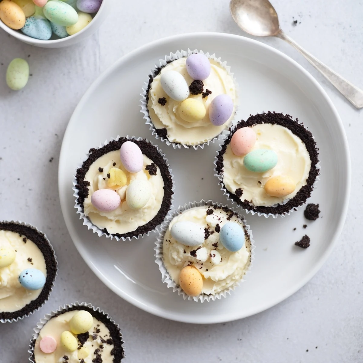 Creamy Easter Cadbury Mini Cheesecakes topped with whipped cream and pastel candy pieces