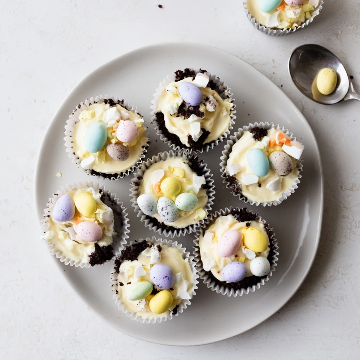 Festive Easter Cadbury Mini Cheesecakes featuring smooth vanilla filling and chopped chocolate candies