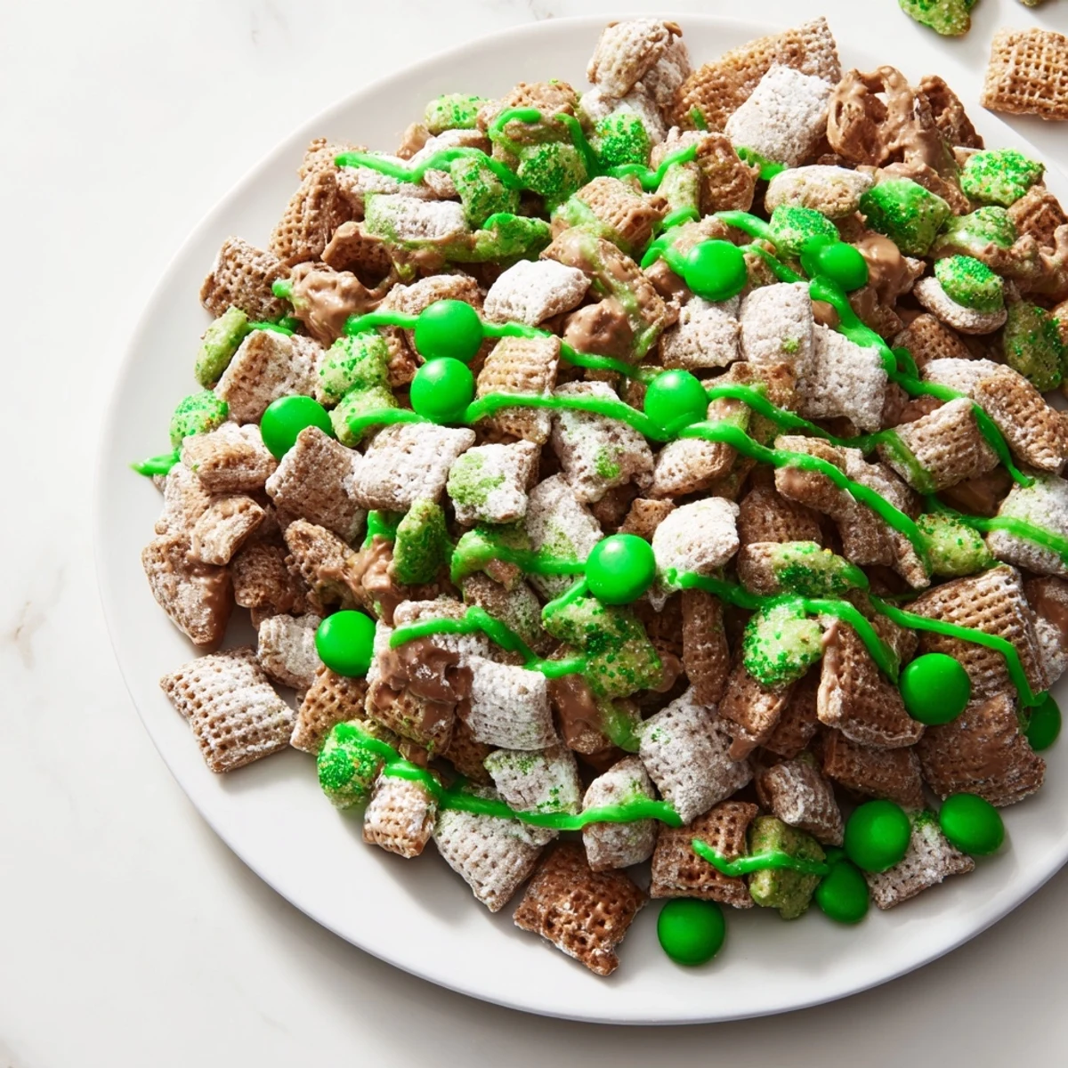 Green drizzled St. Patricks Day puppy chow sprinkled with gold confetti and green chocolate candies