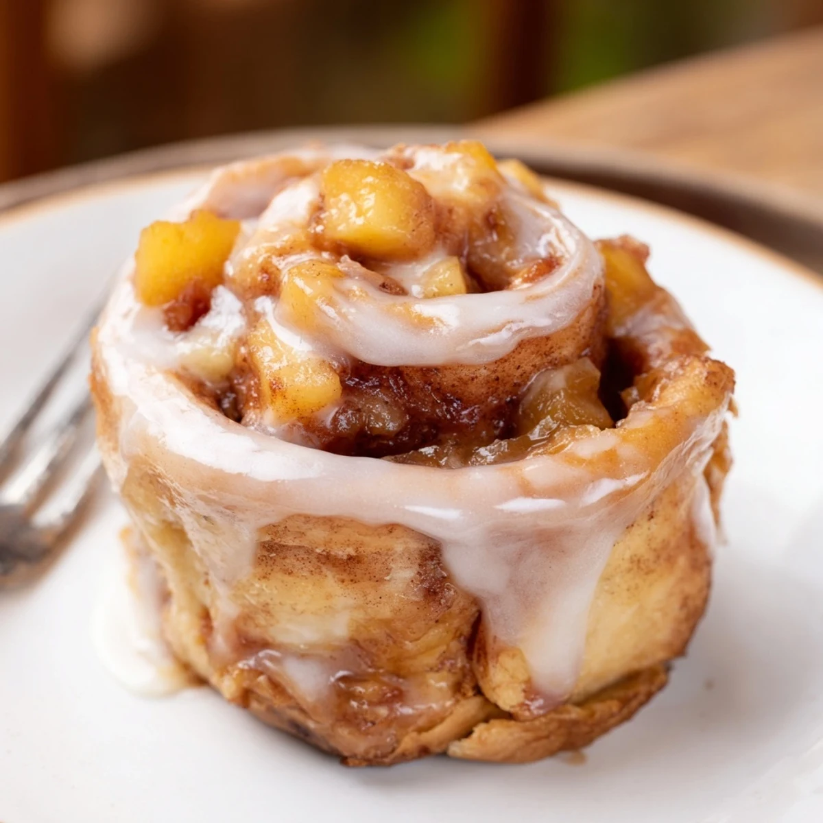Fresh peach pie cinnamon rolls with golden spiral swirls dripping vanilla glaze