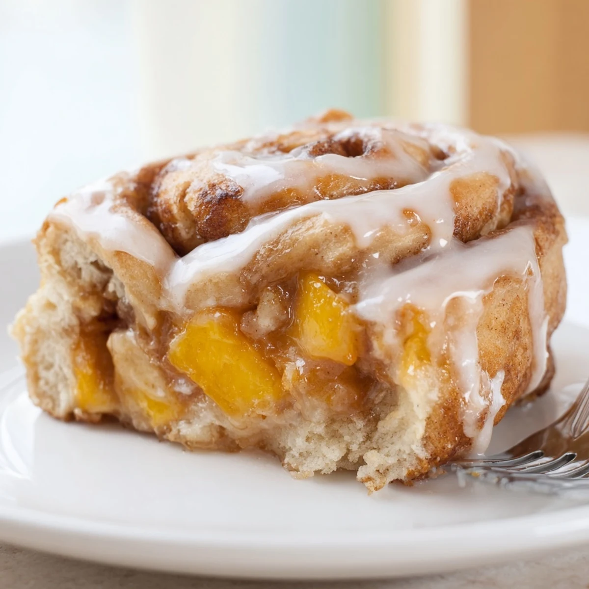 Soft homemade peach pie cinnamon rolls bursting with spiced fruit filling