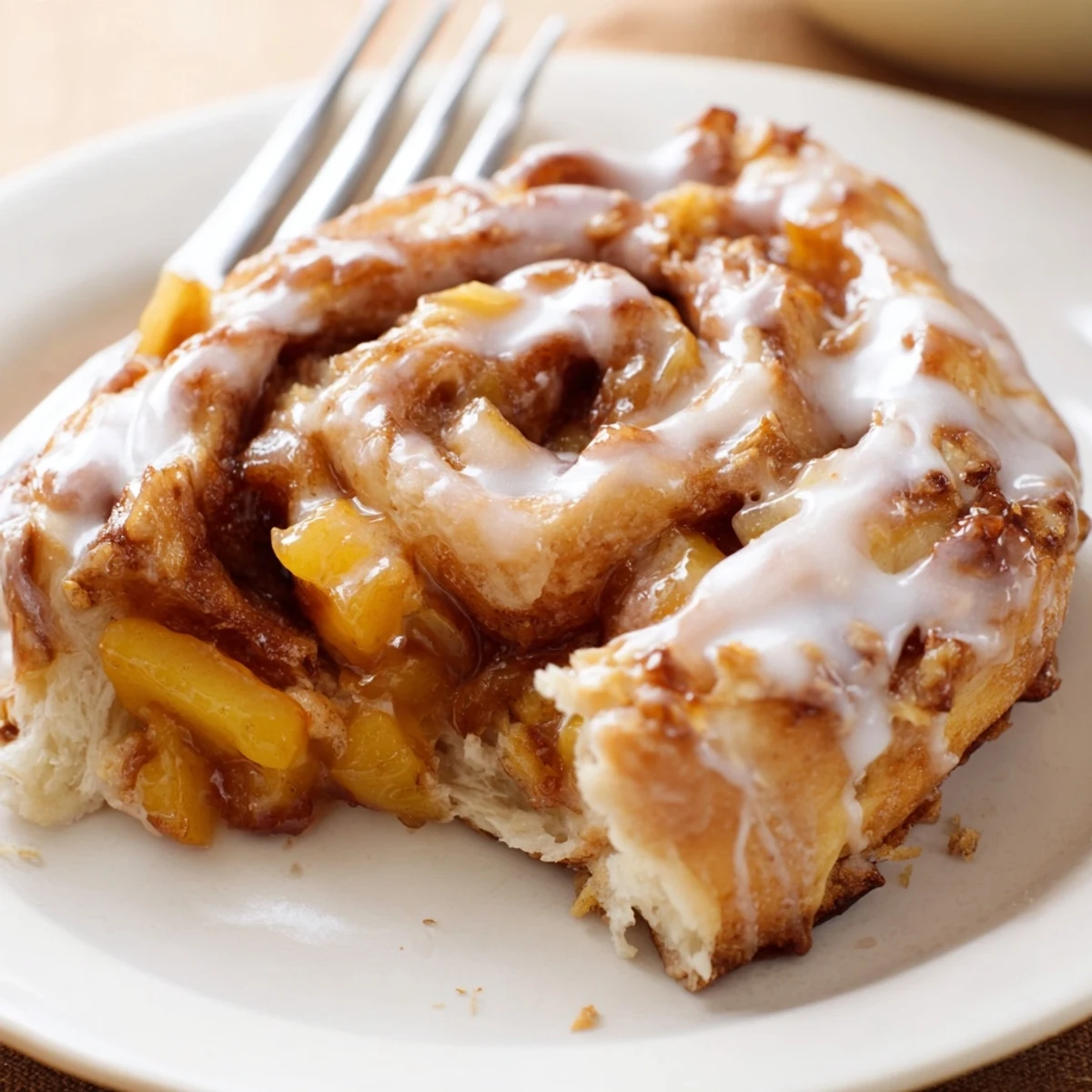 Golden peach pie cinnamon rolls topped with sweet white vanilla drizzle