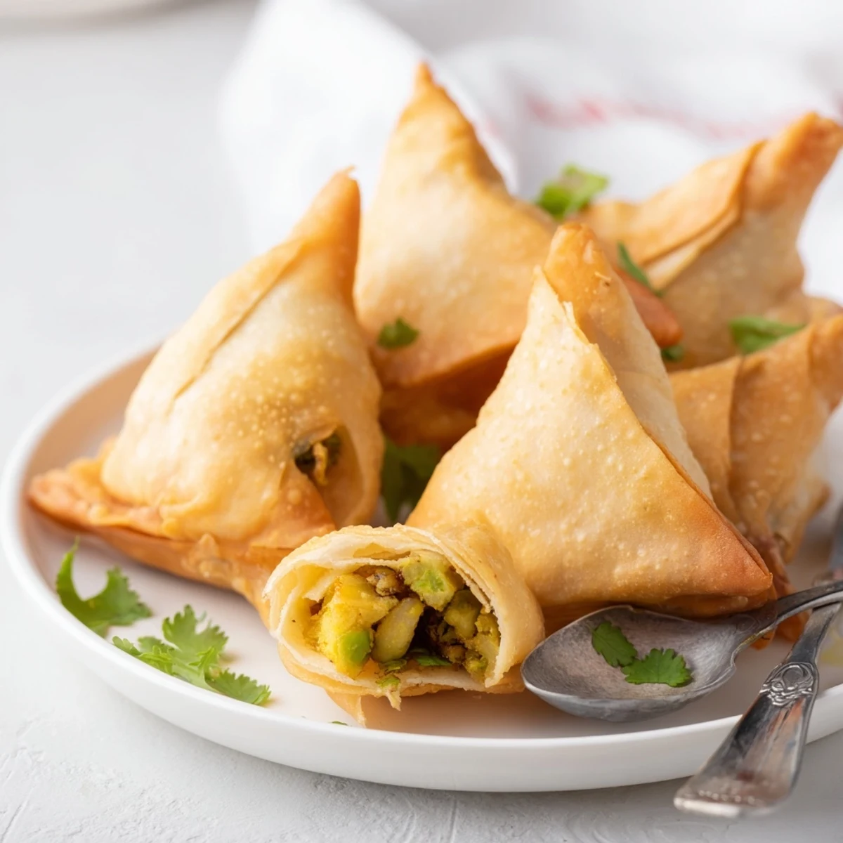 Triangular vegetable samosas featuring golden crust stuffed with aromatic potatoes and green peas