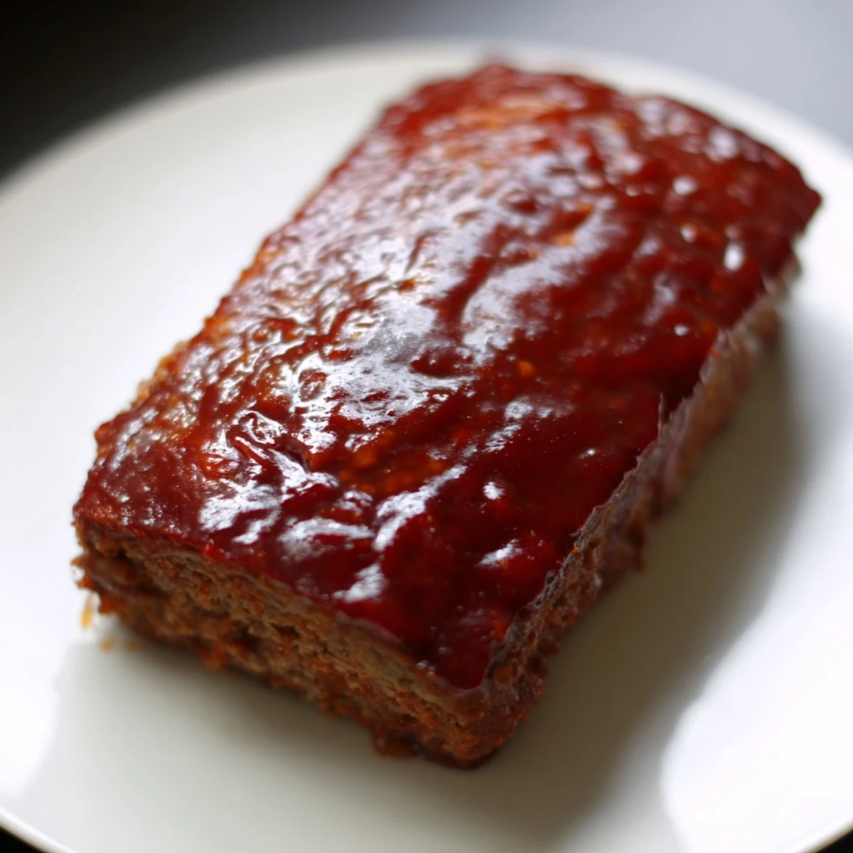 Sliced Korean meatloaf with gochujang glaze featuring a shiny spicy-sweet red coating on moist beef and pork