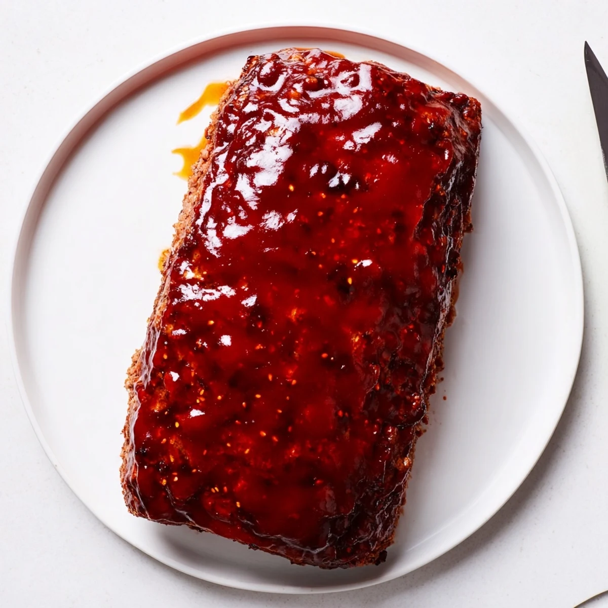 Korean meatloaf with gochujang glaze plated with steamed rice and kimchi showing thick brush strokes of chili glaze