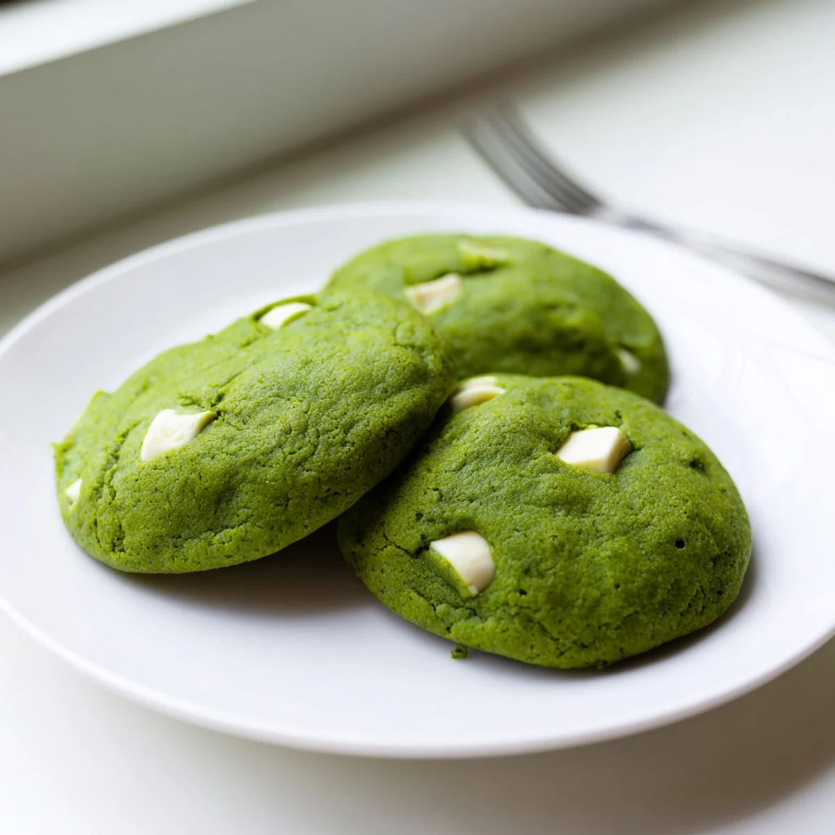 Chewy green velvet cookies with subtle cocoa flavor and melting white chocolate chunks