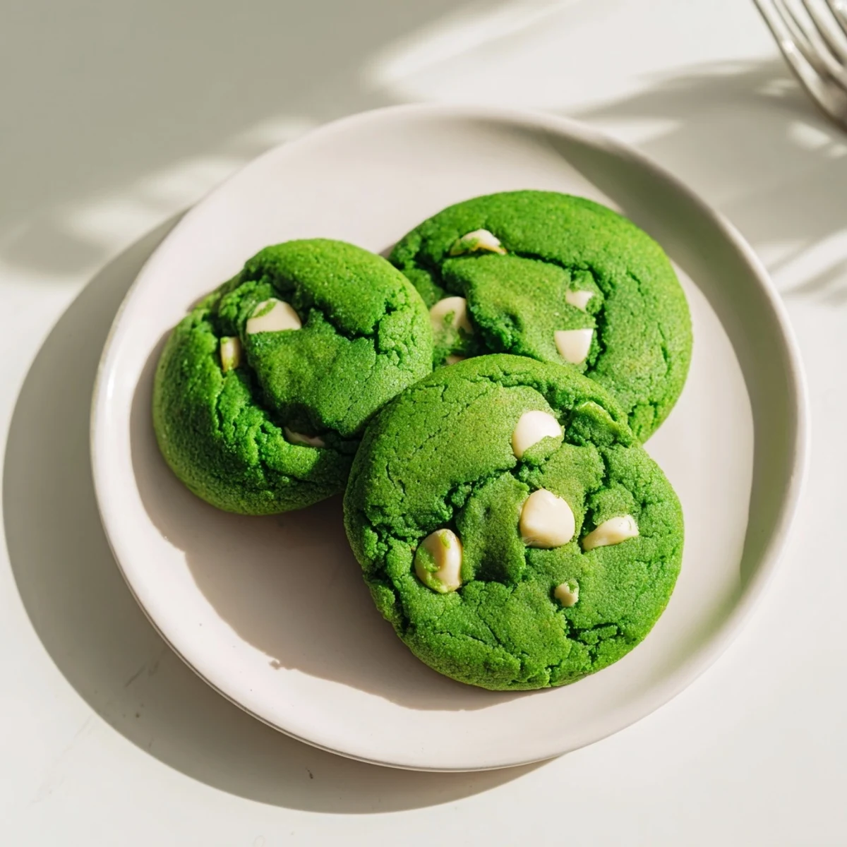Freshly baked green velvet cookies showing their vibrant color and soft textured centers