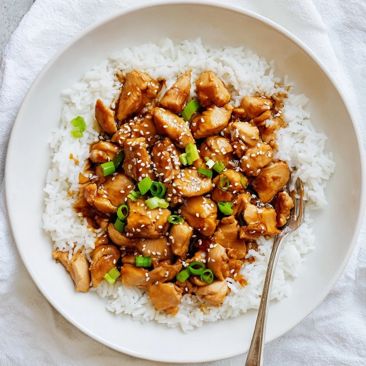 Glossy chicken thighs glazed in sweet soy caramel sauce served over steaming jasmine rice with aromatic broth
