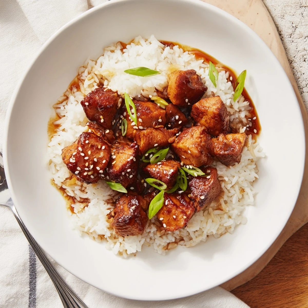 Tender caramelized chicken swimming in savory garlic ginger broth topped with fresh cilantro and sesame seeds