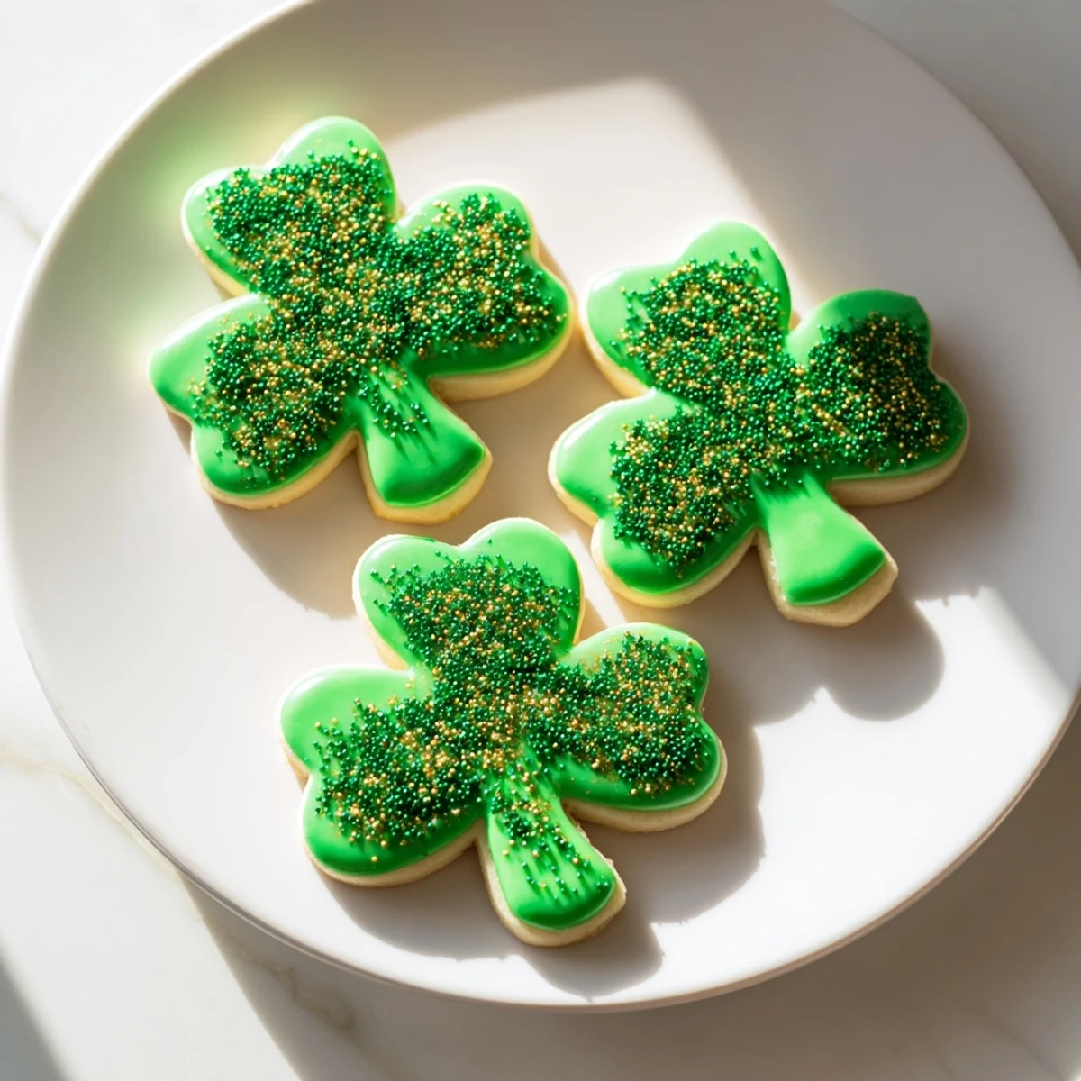 Soft, tender St. Patricks Day sugar cookies decorated with smooth green frosting and festive shamrock-themed sprinkles