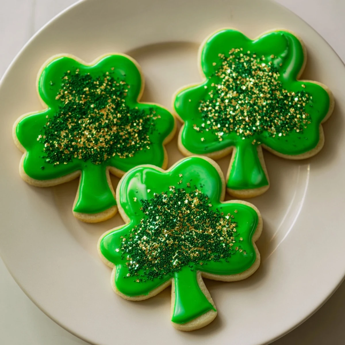 St. Patricks Day sugar cookies topped with vibrant green icing and sparkling gold sprinkles on a white plate