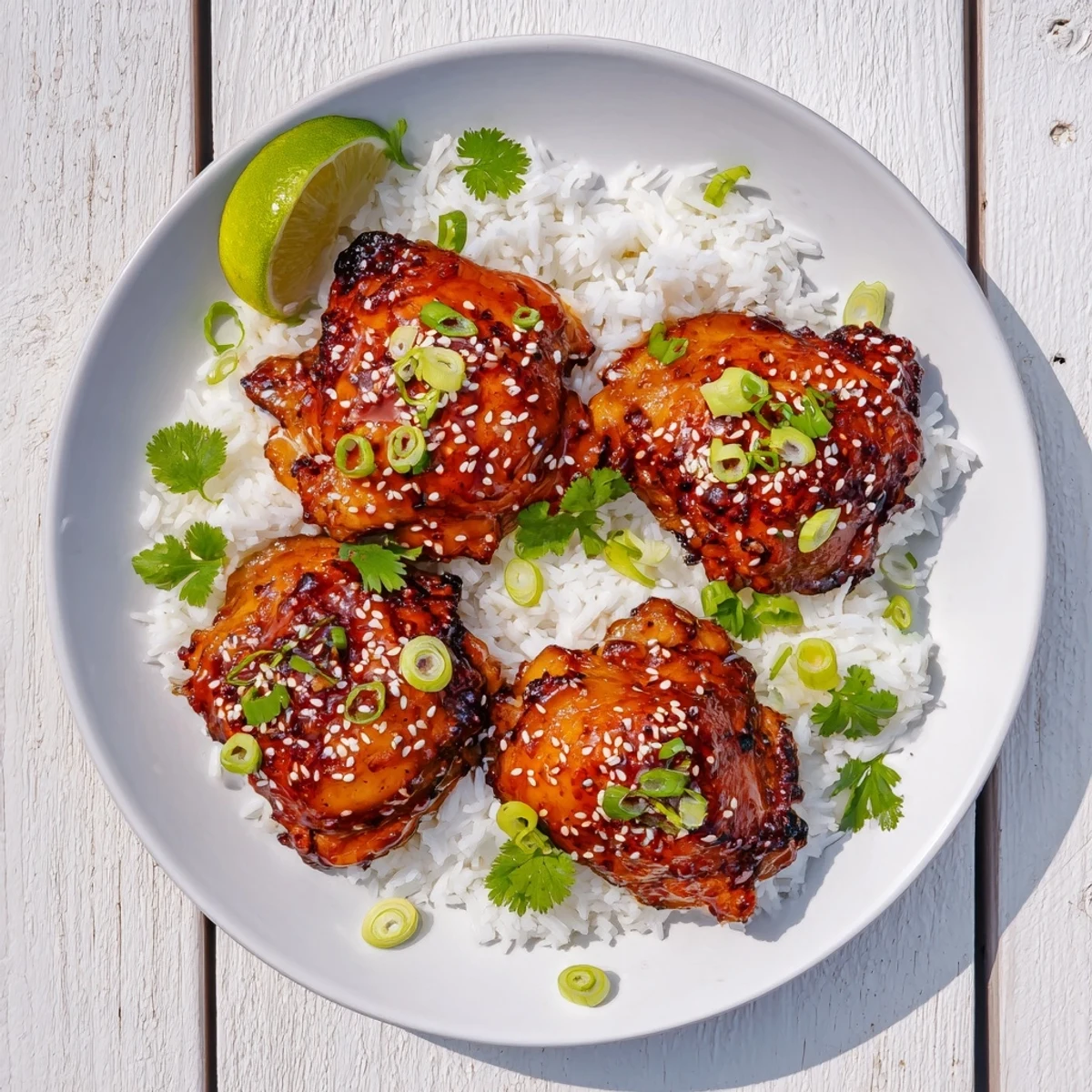 Golden glazed spicy maple chicken thighs resting atop fluffy coconut rice with fresh cilantro