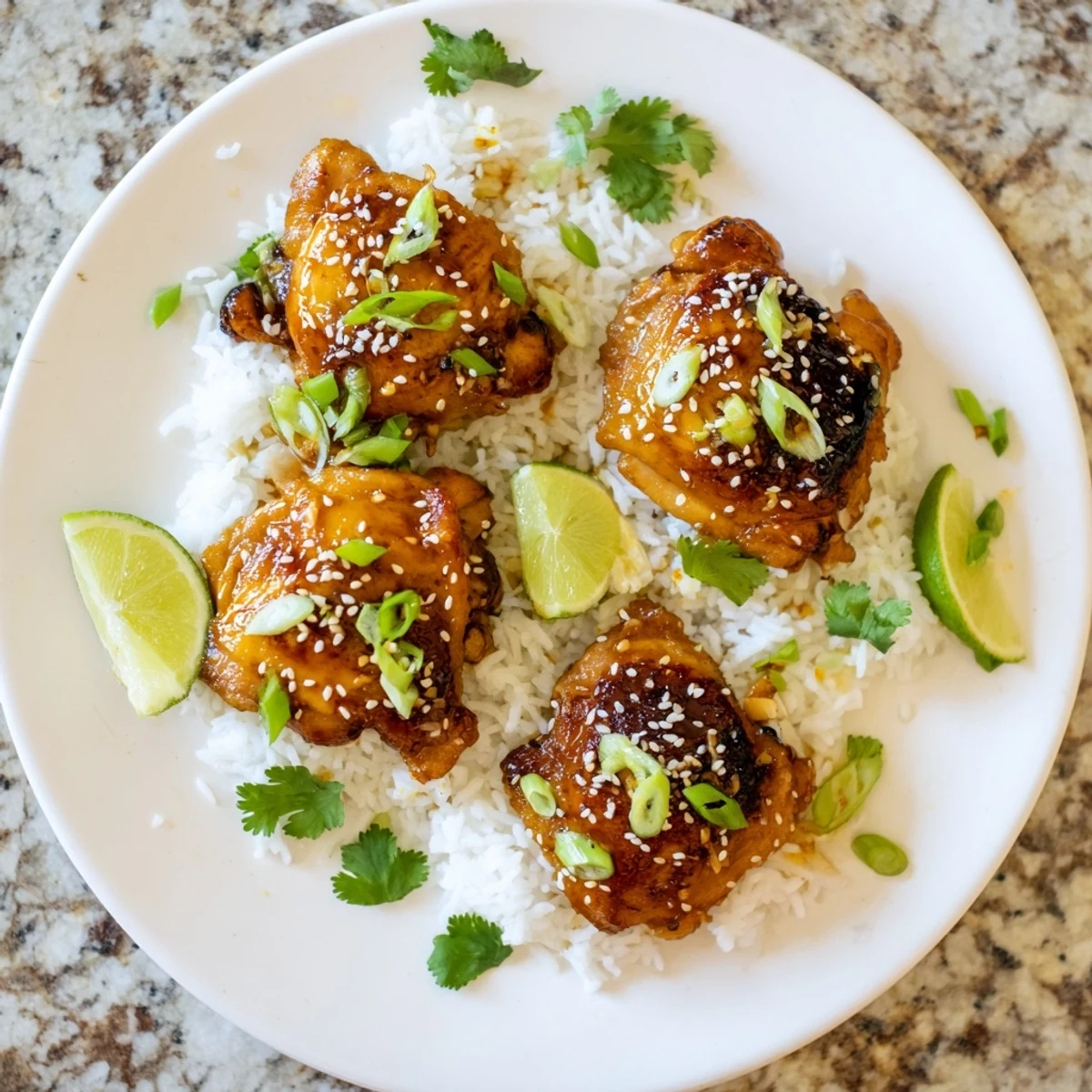 Tender spicy maple chicken drizzled with sweet hot sauce over creamy fragrant coconut rice