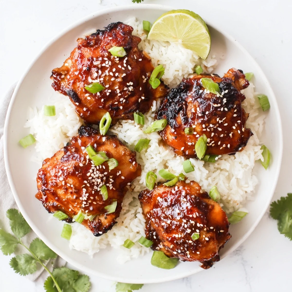 Caramelized spicy maple chicken garnished with green onions and sesame on bed of coconut rice