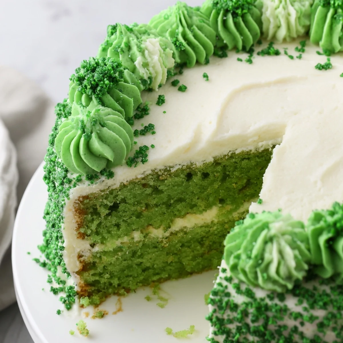 Festive green St. Patricks Day cake with fluffy vanilla frosting and sprinkles