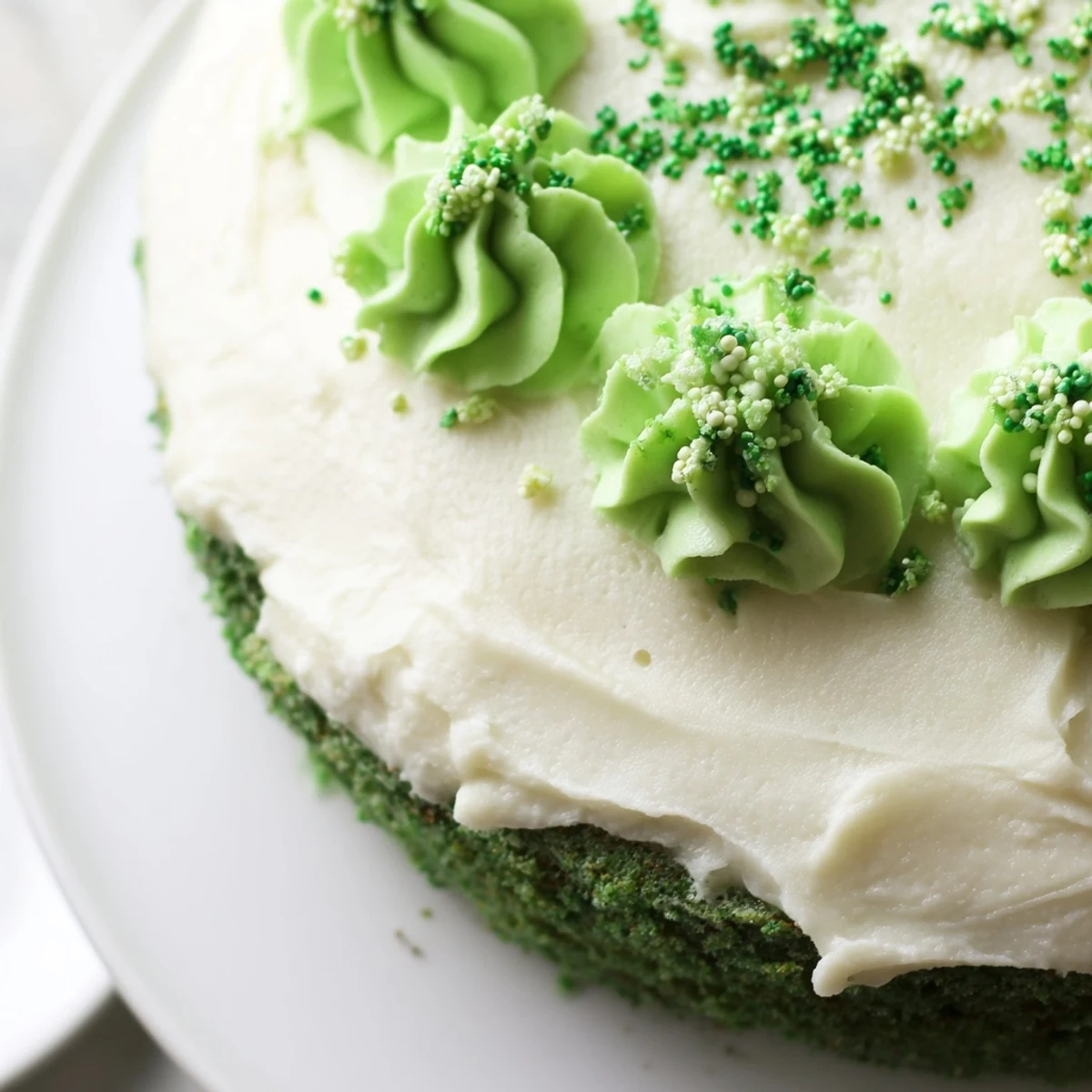 Layered St. Patricks Day cake featuring bright green sponge and creamy buttercream