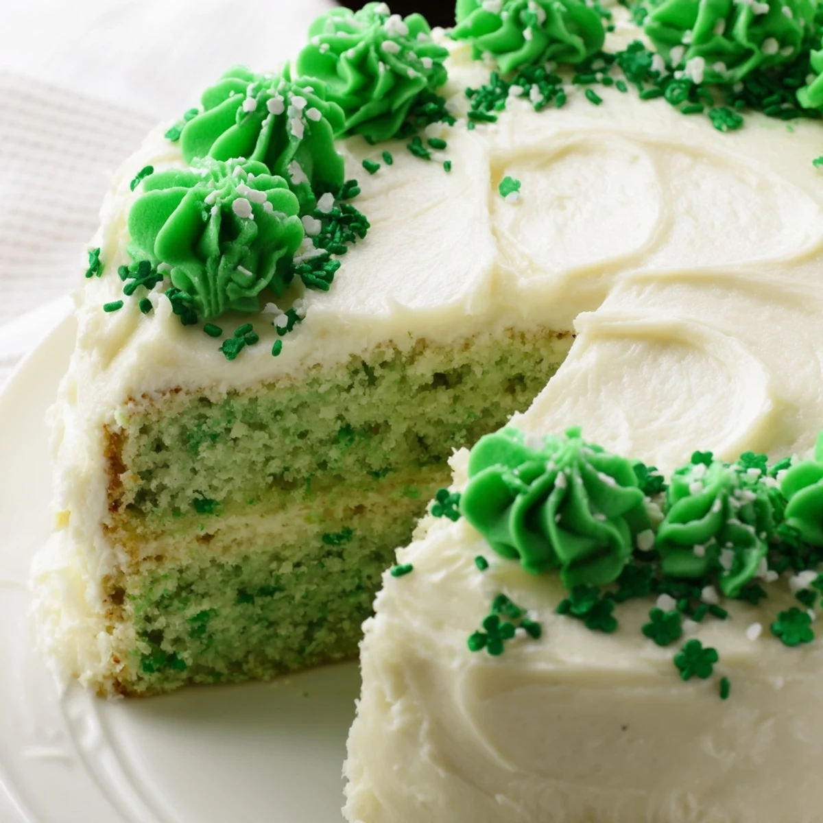 St. Patricks Day cake slice revealing moist green layers and white frosting
