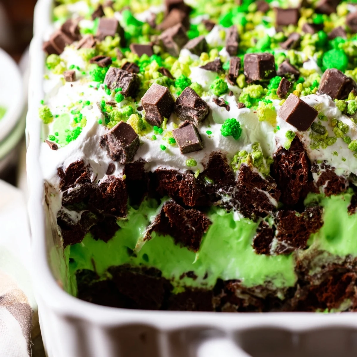 Close-up of festive St. Patricks Day brownie trifle displaying alternating layers of rich fudgy brownies, creamy green pudding, and sweet vanilla whipped cream in a clear glass serving dish