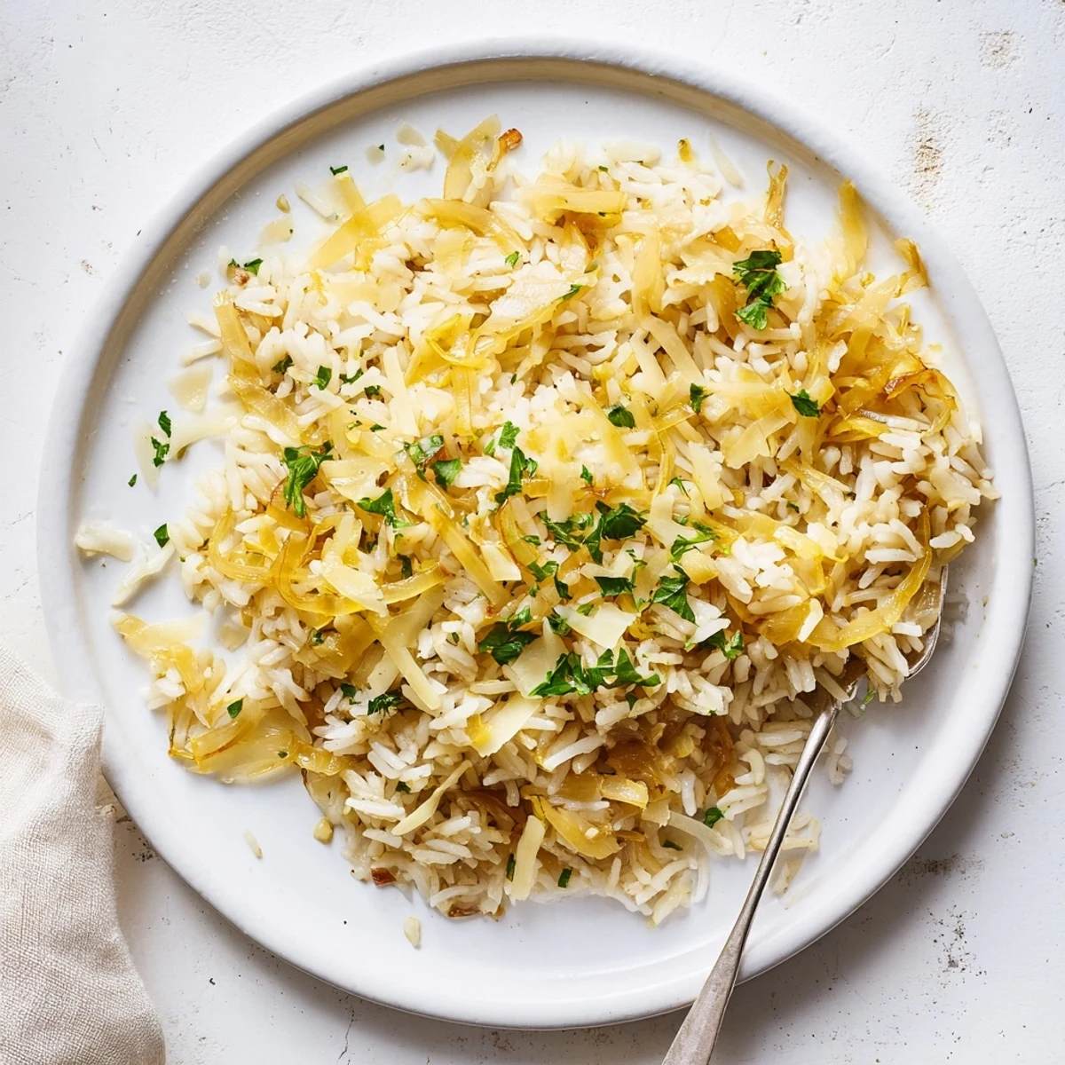 Creamy French onion butter rice steaming in a white bowl with caramelized onion strands
