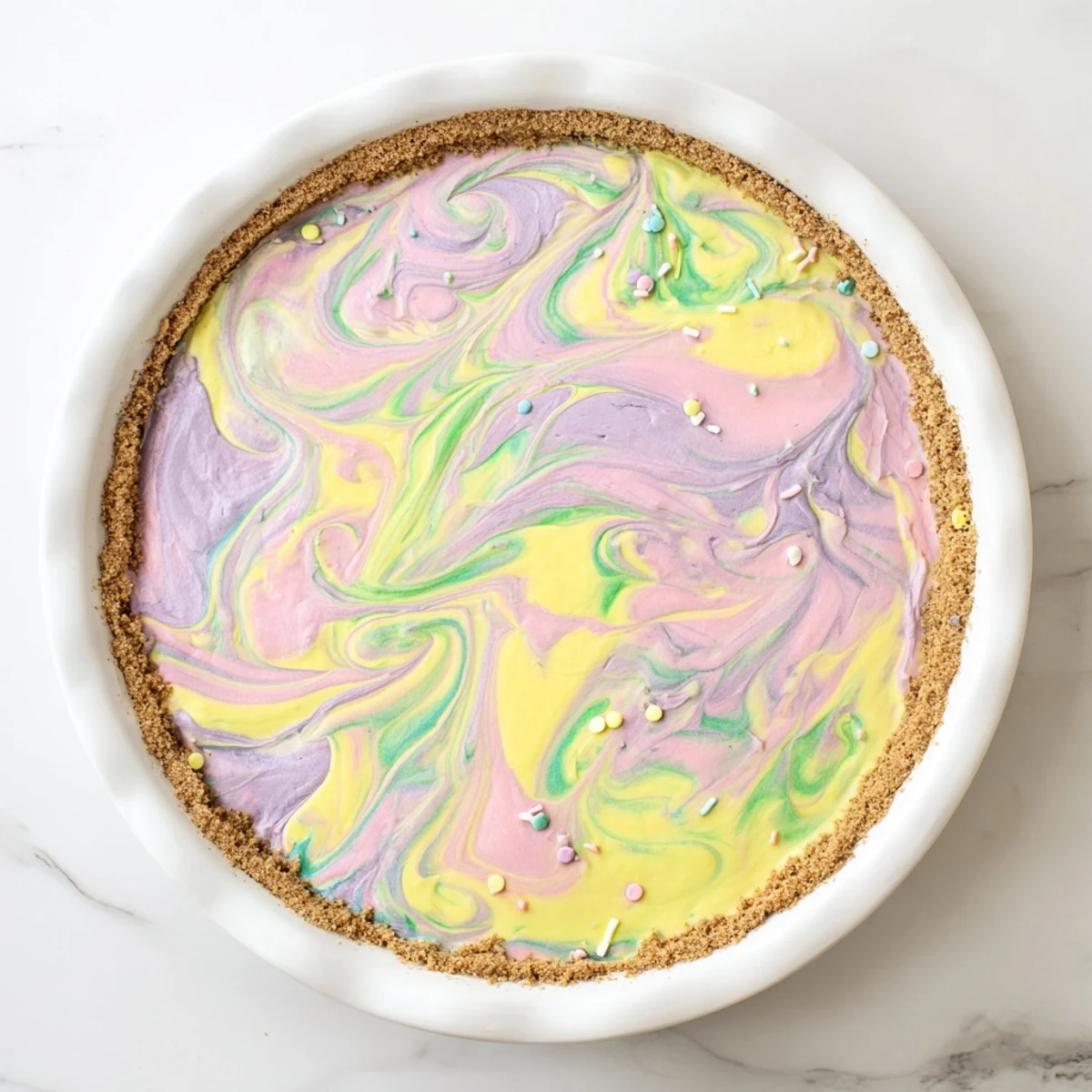 Colorful Easter Swirl Pie featuring marbled pastel vanilla cream filling in a golden cookie crust
