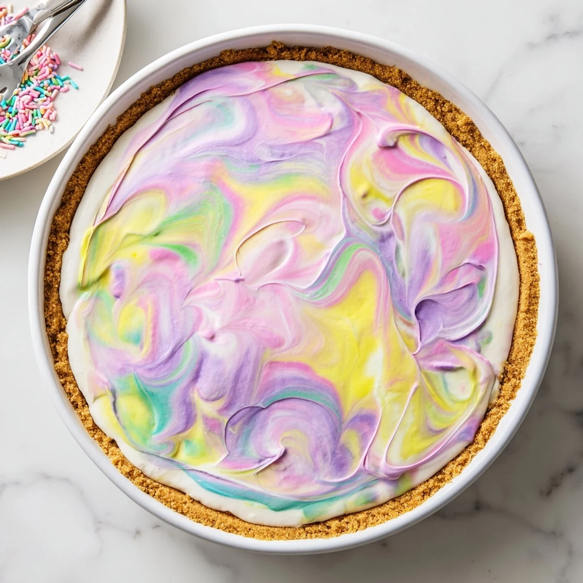 Sliced Easter Swirl Pie displaying vibrant pastel swirls on a crisp graham cracker base