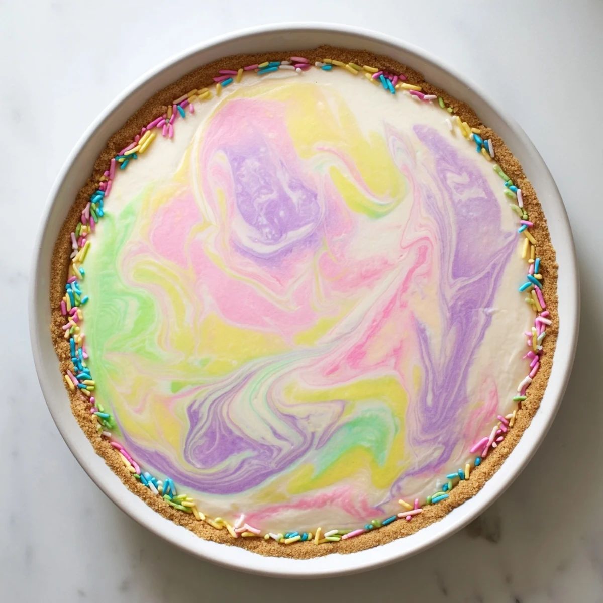 Festive Easter Swirl Pie topped with sprinkles showcasing creamy pink yellow and green marbled patterns