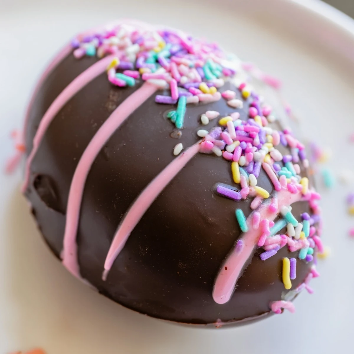 Colorful Cool Whip Easter eggs coated in glossy dark chocolate and topped with pastel sprinkles for spring.