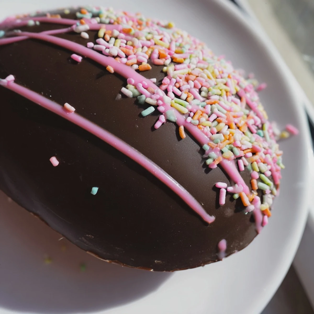 Creamy no-bake Cool Whip Easter eggs dipped in melted chocolate on a white serving platter.