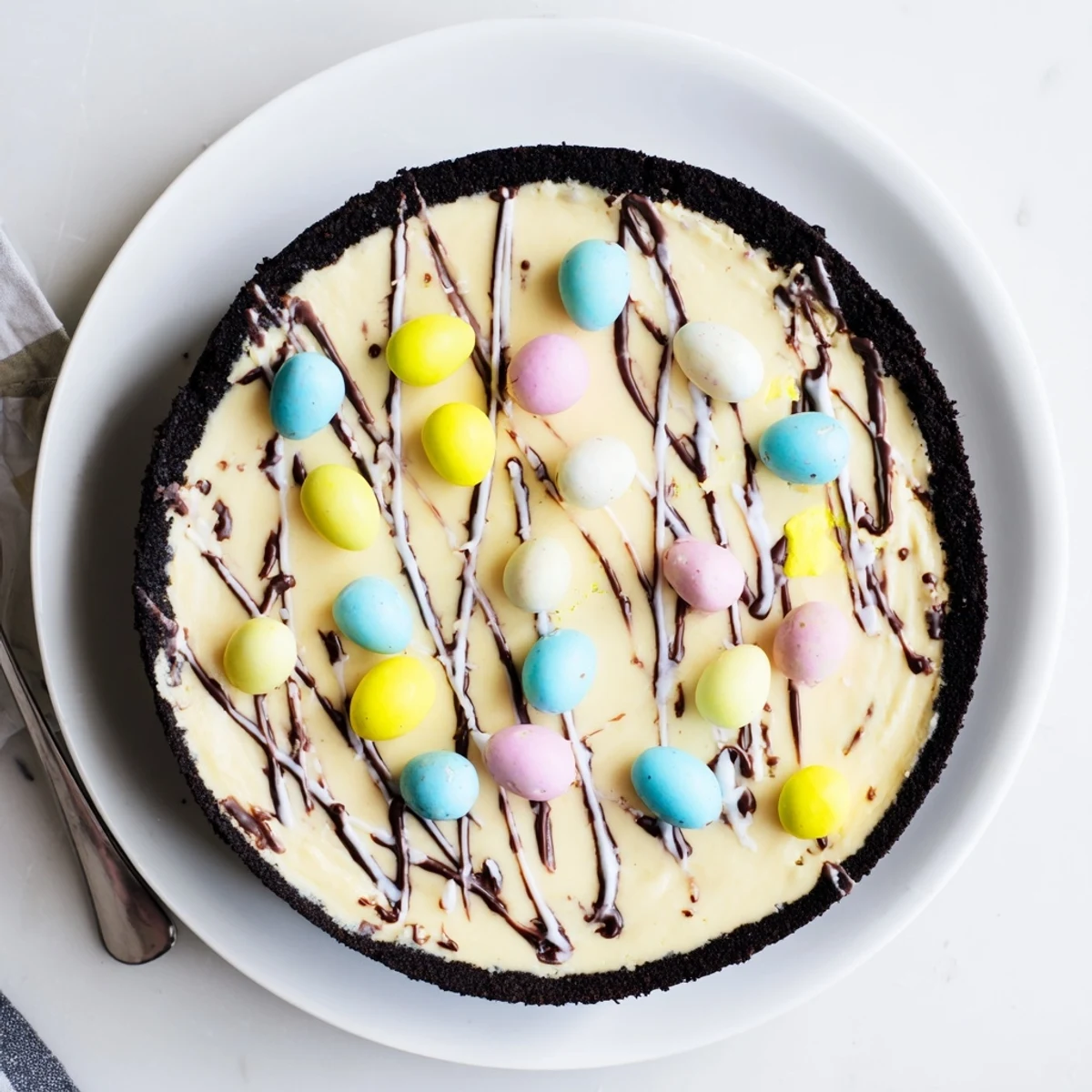 Rich chocolate crusted Easter Egg Cheesecake decorated with pastel candy eggs for spring dessert table