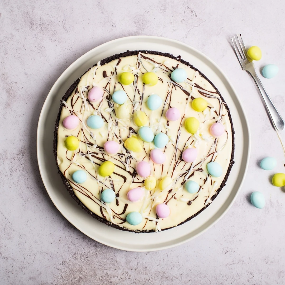 Creamy Easter Egg Cheesecake slice topped with colorful mini chocolate eggs on a white plate