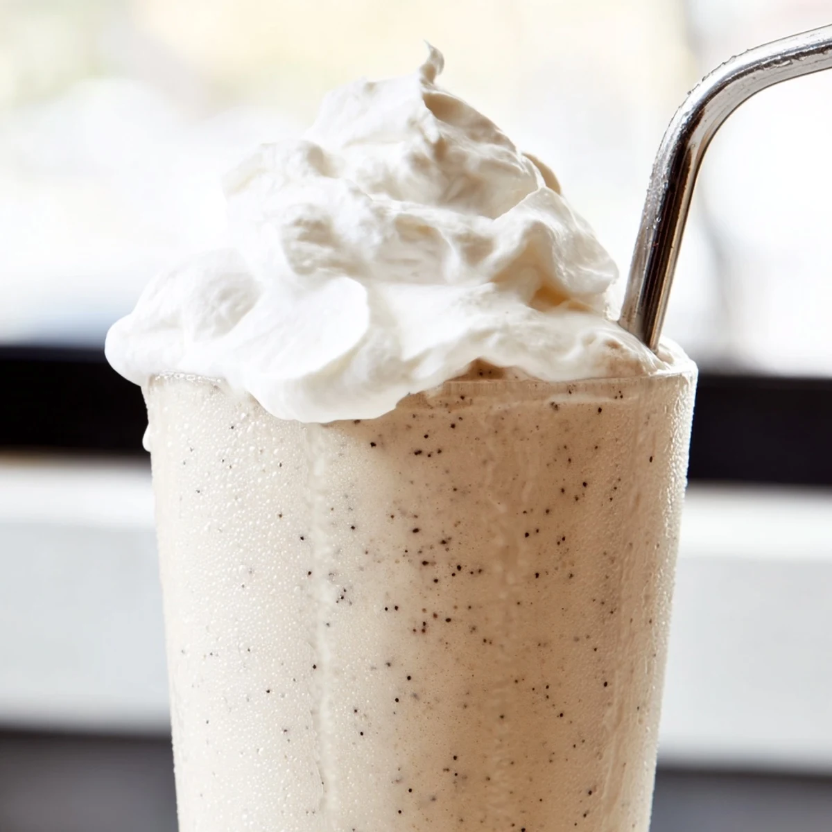 Homemade vanilla bean frappuccino blended with ice and milk for a refreshing treat