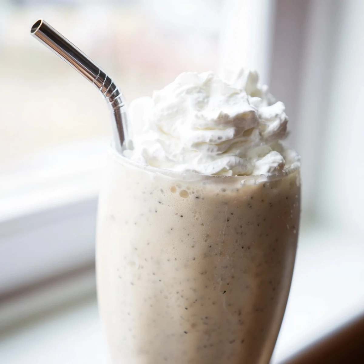 Creamy vanilla bean frappuccino topped with whipped cream in a chilled glass