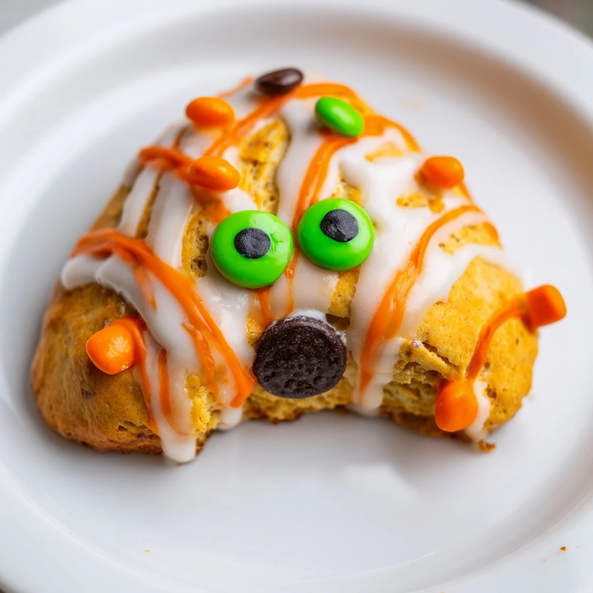 Spiced pumpkin scones decorated with playful monster faces on a white serving plate