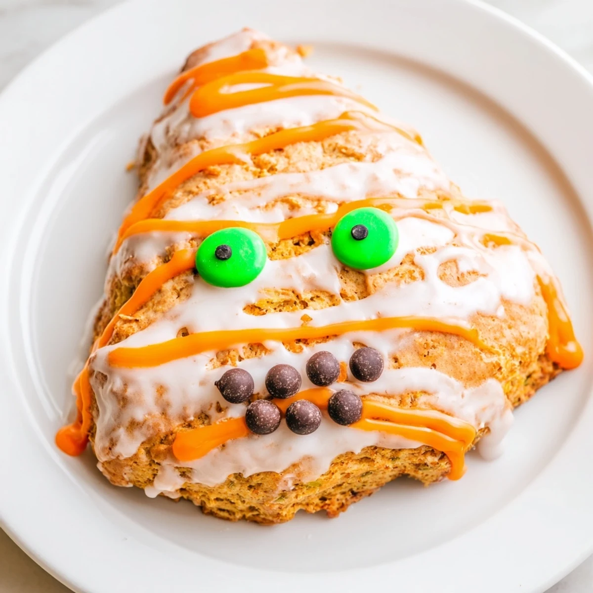 Golden pumpkin scones topped with colorful glaze and candy monster eyes for Halloween